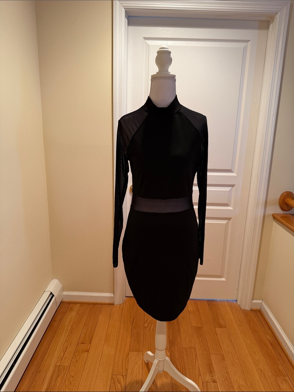 feathers Black Long Sleeve Mesh-Paneled Bodycon Dress